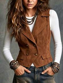 SHEIN Women's Solid Color Lapel Neck Double-Breasted Casual Country Western Vest Jacket Thanksgiving Everyday Daytime Brown Summer Concert - Brown - View 3
