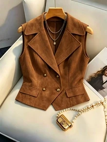 SHEIN Women's Solid Color Lapel Neck Double-Breasted Casual Country Western Vest Jacket Thanksgiving Everyday Daytime Brown Summer Concert - Brown - View 5