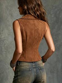 SHEIN Women's Solid Color Lapel Neck Double-Breasted Casual Country Western Vest Jacket Thanksgiving Everyday Daytime Brown Summer Concert - Brown - View 2