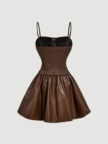 SHEIN MOD Women's Solid Color Pleated Button Design PU Leather Spaghetti Strap Mini Dress - Burgundy - View 4
