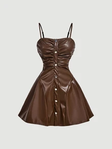 SHEIN MOD Women's Solid Color Pleated Button Design PU Leather Spaghetti Strap Mini Dress - Burgundy - View 3