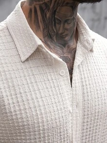Manfinity CasualCool 男士休闲纯色纹理短袖衬衫，前开襟纽扣，夏季款 - 米色 - 查看 5