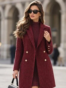 Editum Women's Lapel Neck Long Sleeve Double-Breasted Blazer And Long Sleeve Dress Elegant Set Christmas Office Night Burgundy - Rose Red - View 7