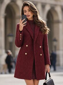 Editum Women's Lapel Neck Long Sleeve Double-Breasted Blazer And Long Sleeve Dress Elegant Set Christmas Office Night Burgundy - Rose Red - View 6