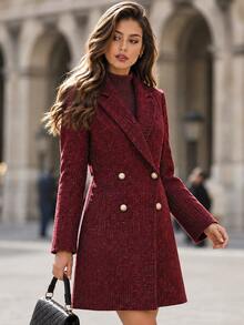 Editum Women's Lapel Neck Long Sleeve Double-Breasted Blazer And Long Sleeve Dress Elegant Set Christmas Office Night Burgundy - Rose Red - View 2