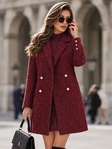 Editum Women's Lapel Neck Long Sleeve Double-Breasted Blazer And Long Sleeve Dress Elegant Set Christmas Office Night Burgundy - Rose Red - View 8