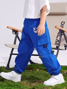 SHEIN 兒童/青少年男孩休閒圖案印花口袋寬鬆慢跑褲，適合通勤、上學、日常、度假、運動，春夏秋冬四季適用 - 寶藍色 - 查看 3