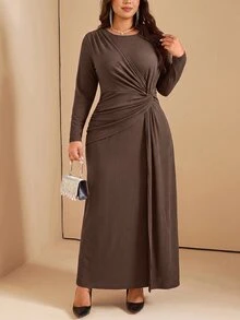 Comfylo 天鵝絨面料扭腰修身大尺碼洋裝，秋季晚宴正式棕色優雅禮服 - 酒紅色 - 查看 3