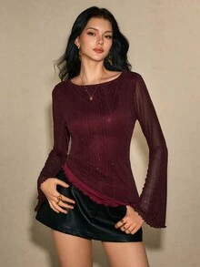 Poéselle 女款酒紅色閃亮網紗上衣 修身長版喇叭袖 T-shirt 層次感不對稱荷葉邊下擺 優雅派對上衣 聖誕節慶適用 - 酒紅色 - 查看 5