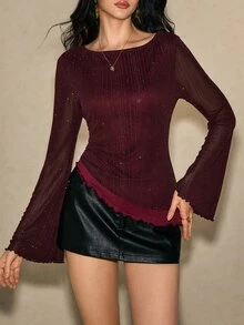 Poéselle 女款酒紅色閃亮網紗上衣 修身長版喇叭袖 T-shirt 層次感不對稱荷葉邊下擺 優雅派對上衣 聖誕節慶適用 - 酒紅色 - 查看 1