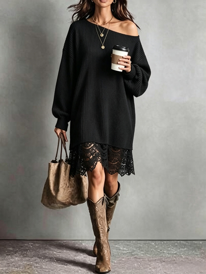 SHEIN Elegant Romantic Vacation Asymmetrical Shoulder Neckline Lace Trim Patchwork Loose Long Sleeve Commute Daily Business Party Women Black Dress