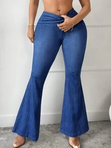 SHEIN SXY [Denim Effect] Plus Size Women's Denim Effect Printed Fashionable Flared Versatile Pants - Blue - View 6