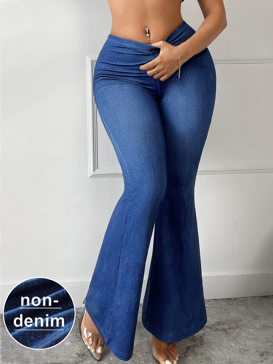 SHEIN SXY [Denim Effect] Plus Size Women's Denim Effect Printed Fashionable Flared Versatile Pants