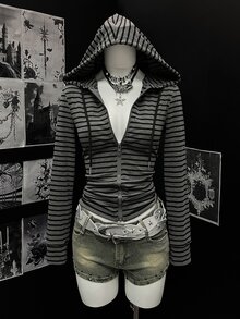 Elamini 女士时尚条纹印花拉链连帽长袖卫衣 - 深灰色 - 查看 4