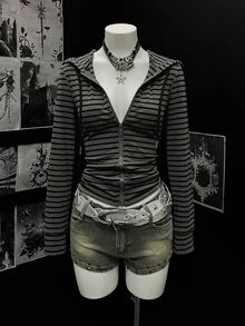 Elamini 女士时尚条纹印花拉链连帽长袖卫衣 - 深灰色 - 查看 3