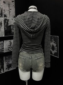 Elamini 女士时尚条纹印花拉链连帽长袖卫衣 - 深灰色 - 查看 2