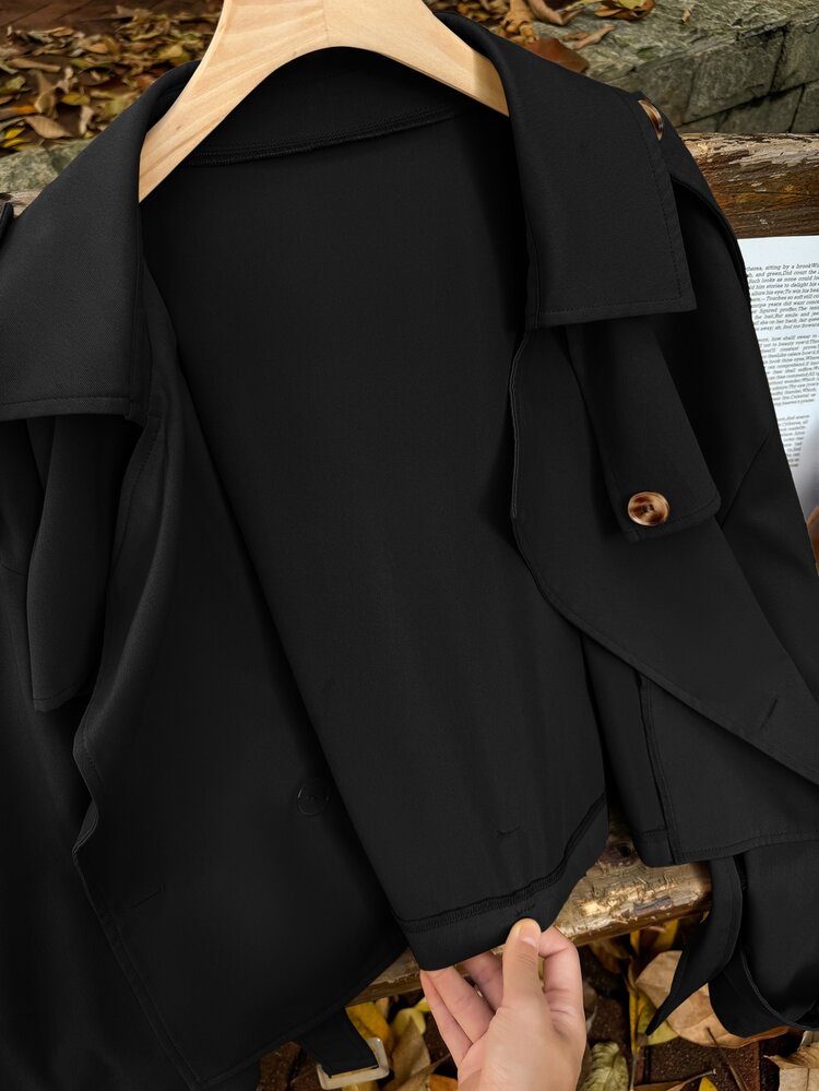 Comfortcana Plus Size Vintage Smart Casual Smart Elegant Style Black Cropped Trench Coat With Collar Winter Fall Autumn Office Formal Formal - Black - View 4
