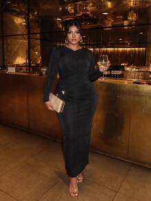 Firerie Plus Size Women Solid Color Long Sleeve Pleated Metallic Decor Fitted Elegant Dress - Black - View 5
