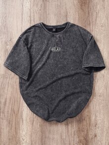 OldRiff 黑色雪花刺繡字母簡約 T 恤，適合外出、校園穿著，送給朋友的禮物 - 黑色 - 查看 1