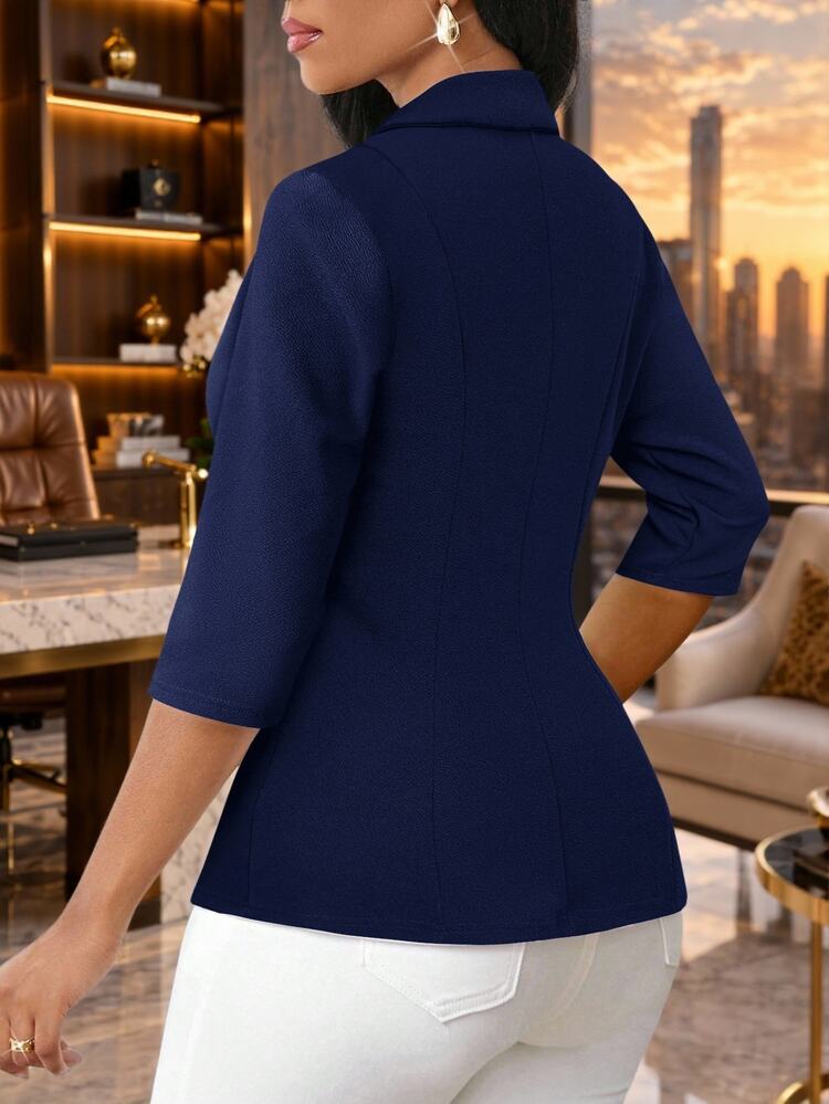 SHEIN Lady Navy Blue Cold Shoulder Collar Women's Pleated Long Dress Teachers' Day Office Business Summer Elegant Casual - Navy Blue - View 5
