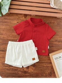 SHEIN 新生男宝宝休闲可爱校园风短袖衬衫和松紧腰短裤套装 - 紅白色 - 查看 7