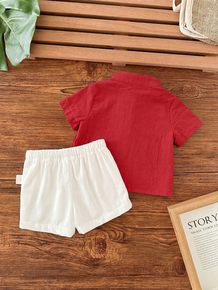 SHEIN Newborn Baby Boy Casual Cute School Style Short Sleeve Shirt And Elastic Waist Shorts Set - Red and White - View 2
