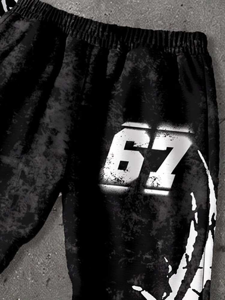 1 Set Street Style Distressed Effect 67 Number Print Casual Fashion Boys Kids 2 In 1 Crew Neck Sweatshirt And Sweatpants Set, Black Top And Pants Set - Multicolor - View 6