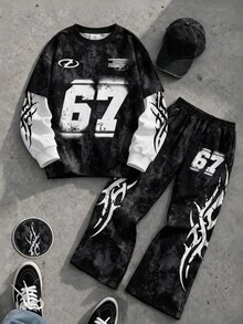 1 Set Street Style Distressed Effect 67 Number Print Casual Fashion Boys Kids 2 In 1 Crew Neck Sweatshirt And Sweatpants Set, Black Top And Pants Set - Multicolor - View 1