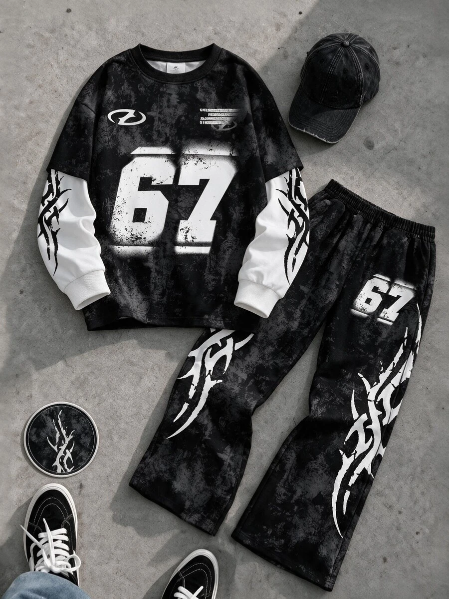 1 Set Street Style Distressed Effect 67 Number Print Casual Fashion Boys Kids 2 In 1 Crew Neck Sweatshirt And Sweatpants Set, Black Top And Pants Set - Multicolor - View 1