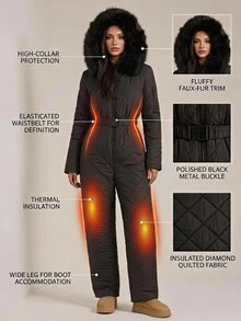 SHEIN PETITE Women's Raw Edge Long Sleeve Cinched Waist Belt Zipper Quilted Design Jumpsuit,Black Fuzzy Hat&Thick Jumpsuit,Winter,Petite - Black - View 8