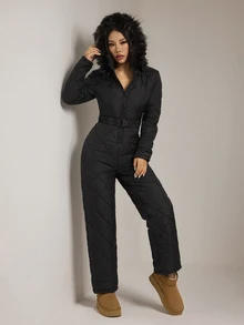 SHEIN PETITE Women's Raw Edge Long Sleeve Cinched Waist Belt Zipper Quilted Design Jumpsuit,Black Fuzzy Hat&Thick Jumpsuit,Winter,Petite - Black - View 3