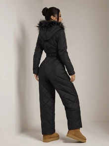 SHEIN PETITE Women's Raw Edge Long Sleeve Cinched Waist Belt Zipper Quilted Design Jumpsuit,Black Fuzzy Hat&Thick Jumpsuit,Winter,Petite - Black - View 2