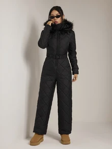 SHEIN PETITE Women's Raw Edge Long Sleeve Cinched Waist Belt Zipper Quilted Design Jumpsuit,Black Fuzzy Hat&Thick Jumpsuit,Winter,Petite - Black - View 5