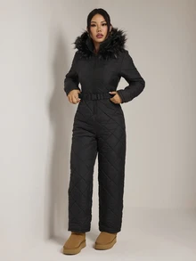 SHEIN PETITE Women's Raw Edge Long Sleeve Cinched Waist Belt Zipper Quilted Design Jumpsuit,Black Fuzzy Hat&Thick Jumpsuit,Winter,Petite - Black - View 4