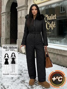 SHEIN PETITE Women's Raw Edge Long Sleeve Cinched Waist Belt Zipper Quilted Design Jumpsuit,Black Fuzzy Hat&Thick Jumpsuit,Winter,Petite - Black - View 9
