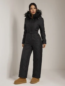 SHEIN PETITE Women's Raw Edge Long Sleeve Cinched Waist Belt Zipper Quilted Design Jumpsuit,Black Fuzzy Hat&Thick Jumpsuit,Winter,Petite - Black - View 7