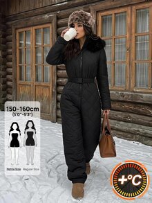 SHEIN PETITE Women's Raw Edge Long Sleeve Cinched Waist Belt Zipper Quilted Design Jumpsuit,Black Fuzzy Hat&Thick Jumpsuit,Winter,Petite - Black - View 1