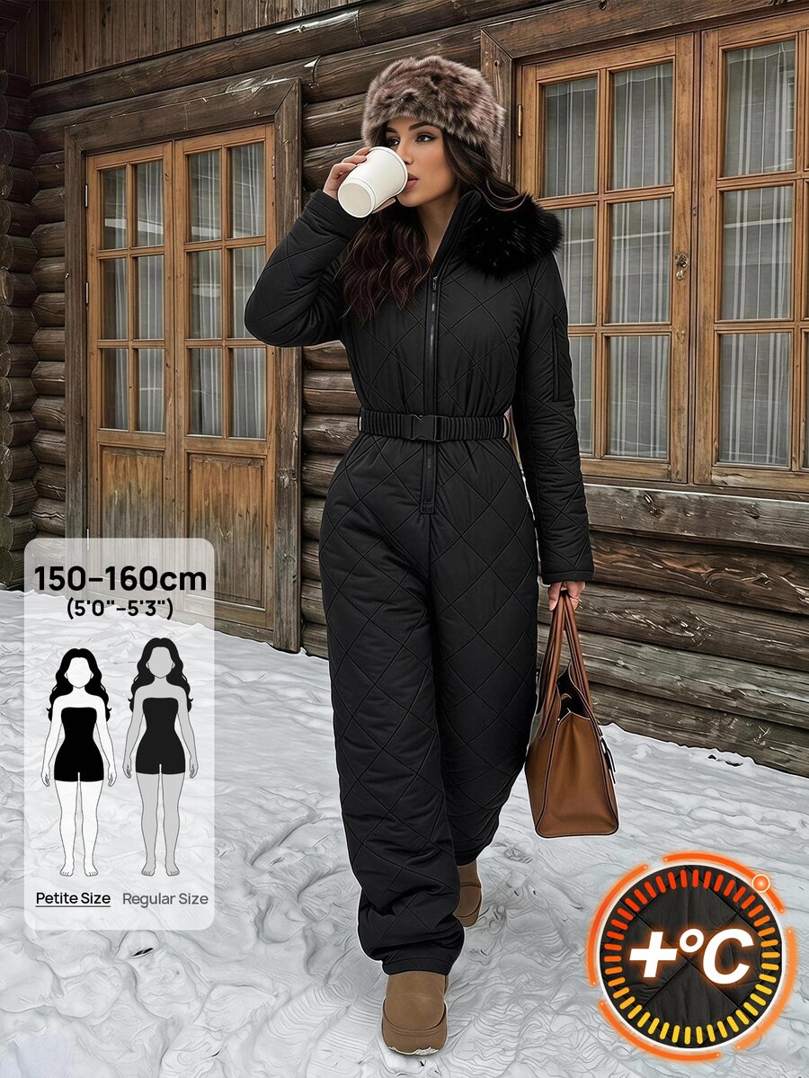 SHEIN PETITE Women's Raw Edge Long Sleeve Cinched Waist Belt Zipper Quilted Design Jumpsuit,Black Fuzzy Hat&Thick Jumpsuit,Winter,Petite - Black - View 1