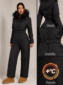 SHEIN PETITE Women's Raw Edge Long Sleeve Cinched Waist Belt Zipper Quilted Design Jumpsuit,Black Fuzzy Hat&Thick Jumpsuit,Winter,Petite - Black - View 10