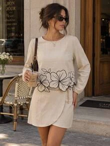 Serisse Women's 100% Cotton Floral Embroidered Round Neck Long Sleeve Blouse And Wrap Hem Skirt Set,Suitable For Casual Commuting And Everyday Wear - Apricot - View 5