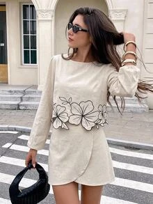Serisse Women's 100% Cotton Floral Embroidered Round Neck Long Sleeve Blouse And Wrap Hem Skirt Set,Suitable For Casual Commuting And Everyday Wear - Apricot - View 8