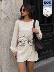 Serisse Women's 100% Cotton Floral Embroidered Round Neck Long Sleeve Blouse And Wrap Hem Skirt Set,Suitable For Casual Commuting And Everyday Wear - Apricot - View 9