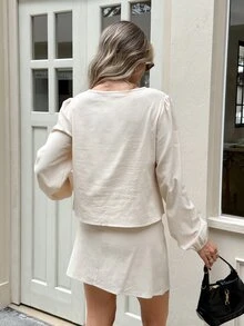 Serisse Women's 100% Cotton Floral Embroidered Round Neck Long Sleeve Blouse And Wrap Hem Skirt Set,Suitable For Casual Commuting And Everyday Wear - Apricot - View 2