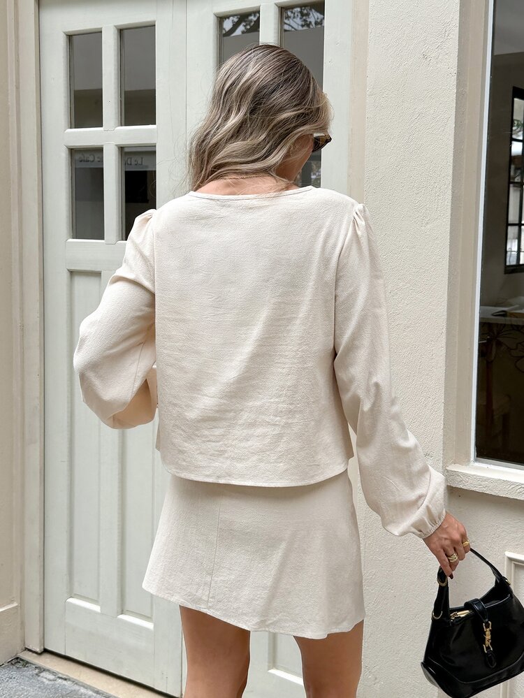 Serisse Women's 100% Cotton Floral Embroidered Round Neck Long Sleeve Blouse And Wrap Hem Skirt Set,Suitable For Casual Commuting And Everyday Wear - Apricot - View 2