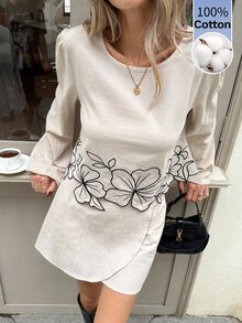 Serisse Women's 100% Cotton Floral Embroidered Round Neck Long Sleeve Blouse And Wrap Hem Skirt Set,Suitable For Casual Commuting And Everyday Wear - Apricot - View 11