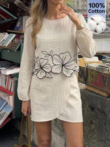 Serisse Women's 100% Cotton Floral Embroidered Round Neck Long Sleeve Blouse And Wrap Hem Skirt Set,Suitable For Casual Commuting And Everyday Wear - Apricot - View 4
