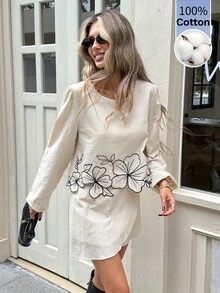 Serisse Women's 100% Cotton Floral Embroidered Round Neck Long Sleeve Blouse And Wrap Hem Skirt Set,Suitable For Casual Commuting And Everyday Wear - Apricot - View 10