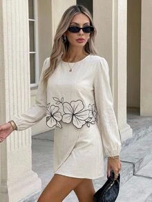 Serisse Women's 100% Cotton Floral Embroidered Round Neck Long Sleeve Blouse And Wrap Hem Skirt Set,Suitable For Casual Commuting And Everyday Wear - Apricot - View 6