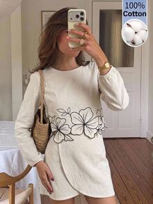 Serisse Women's 100% Cotton Floral Embroidered Round Neck Long Sleeve Blouse And Wrap Hem Skirt Set,Suitable For Casual Commuting And Everyday Wear - Apricot - View 1