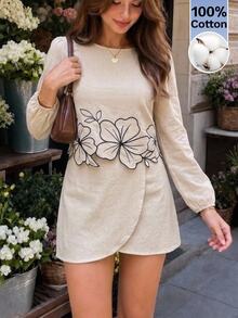 Serisse Women's 100% Cotton Floral Embroidered Round Neck Long Sleeve Blouse And Wrap Hem Skirt Set,Suitable For Casual Commuting And Everyday Wear - Apricot - View 3